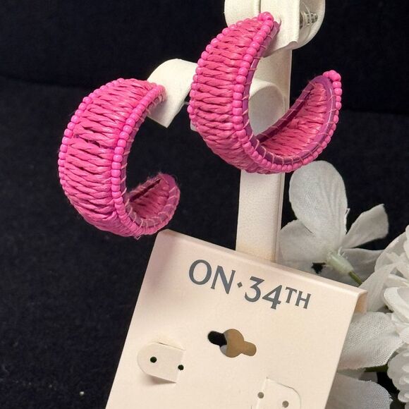 On 34th Pink Woven Open Hoop Earrings 1.25 inch - Picture 3 of 5